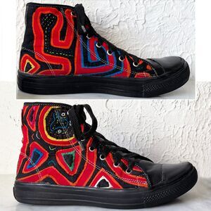 Artsy High Top Sneakers Red Canvas/Black Leather Jaypa Unisex Sizes W 8.5/M 7